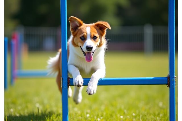 Energetic dog jumping over an agility hurdle with focused precision
