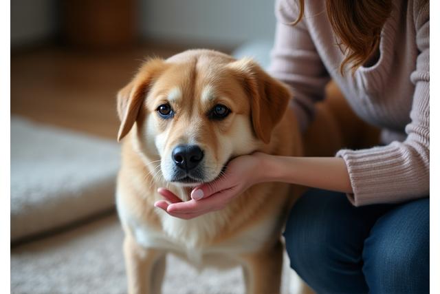 Dog with a worried expression, getting comfort from a trainer, addressing anxiety